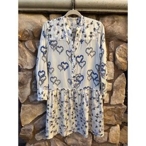 Sandro Silk Dress Floral Heart Print Long Sleeve Pockets White Large EU 40 Boho